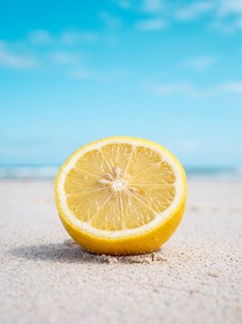 Half of fresh yellow lemon rests on white sand