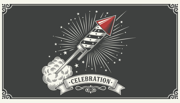 Vintage woodcut style celebration illustration of a firework rocket soaring high amidst a field of sparkling starbursts.