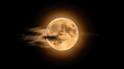 Fototapeta premium A bright full moon glows in the dark night sky with wispy clouds passing