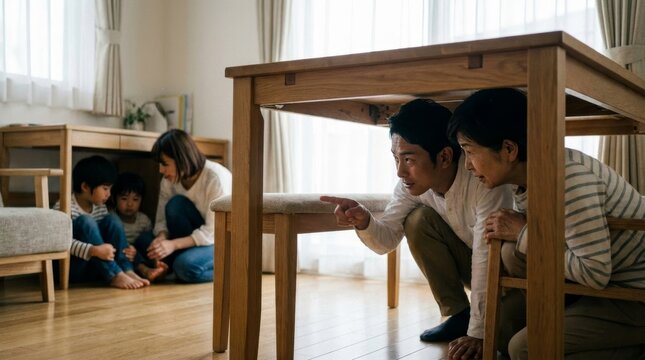 Japanese family hiding under tables during earthquake. Parents and children crouch beneath wooden dining tables in living room. Demonstrating correct "drop, cover, hold on" safety technique at home.