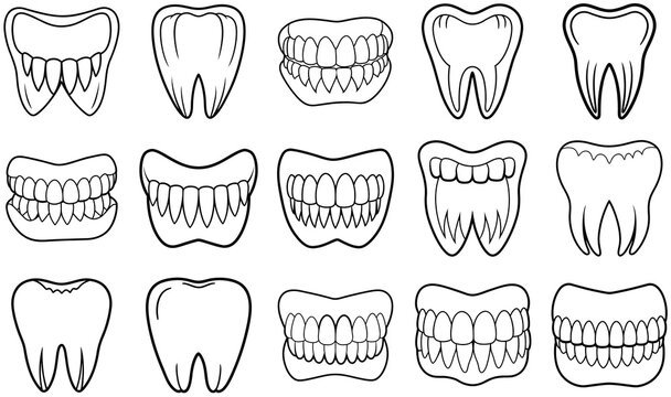 Black flat line teeth vector set collection group with dental tooth silhouette and outline icons, medical healthcare dentistry symbol isolated on transparent background, editable minimalist design