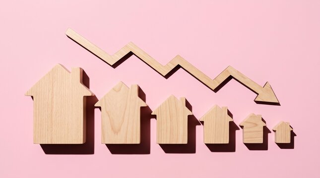 Wooden house cutouts decreasing in size with a downward arrow on a pink background, symbolizing a decline in the housing market.