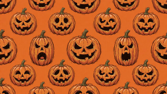 Seamless pattern of hand-drawn jack-o'-lantern pumpkins with various expressions. Spooky halloween background on orange ideal for festive print and decor