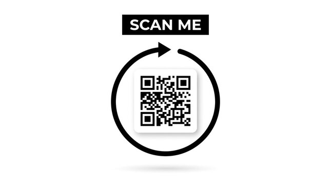Black and white illustration of a qr code surrounded by a circular arrow and scan me text on a white background