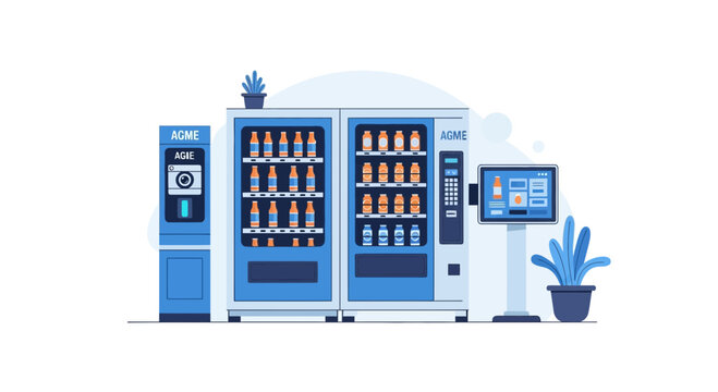 Modern Automated Vending Machine Station with Beverage Dispensers and Interactive Digital Kiosk Illustration
