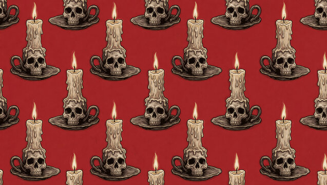 Seamless gothic pattern featuring spooky skull tea cups with melting candles on a red background. Hand-drawn macabre illustration for Halloween decor