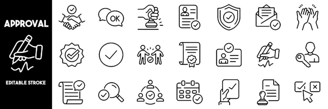 Collection of Approved line icons, including except, thumbs up, approval, validation, agreement, check mark, ok, agreement, stamp, certified. Editable stroke.