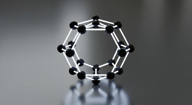 Abstract molecular structure of a fullerene or carbon nanotube fragment on a reflective