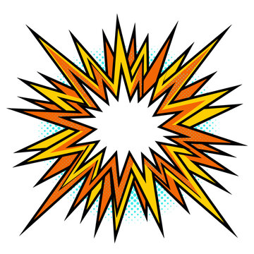 Comic book style dynamic explosion burst illustration with halftone dot pattern background