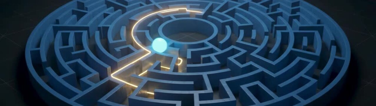 Problem solving and strategic thinking concept blue circular maze puzzle on dark background complex challenge and decision making metaphor.