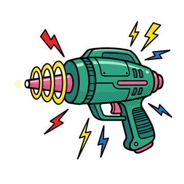 Futuristic retro sci fi ray gun with lightning bolts and circular energy rings illustration