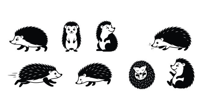 Collection of black vector hedgehogs in various poses and arrangements