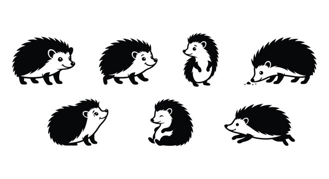 Collection of black vector hedgehogs in various poses and arrangements