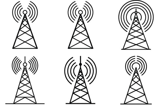 A simple black outline icon of a telecommunications radio tower emitting signal waves representing wireless connectivity and data transmission isolated on transparent background