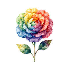 Obraz premium Watercolor rainbow rose flower with visible petals and green leaves on a white background