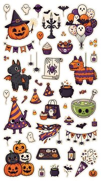 Halloween Party Sticker Sheet with Cute Pumpkins Ghosts and Spooky Festive Decorations