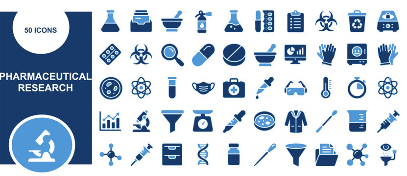 Set of fifty pharmaceutical research icons for laboratory science medical development and clinical diagnostic testing symbols