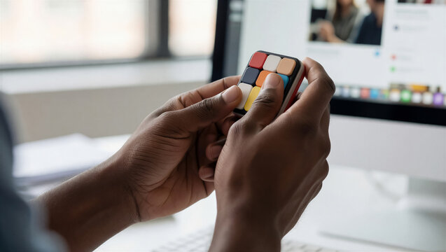 Close-up of a person's hands holding a colorful fidget toy at an office desk. This sensory puzzle provides stress relief during a work break