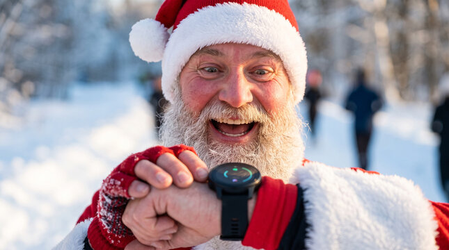 Festive Man Checking Smartwatch on Snowy Trail