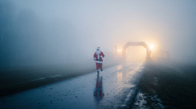 Santa Run in Foggy Winter Road
