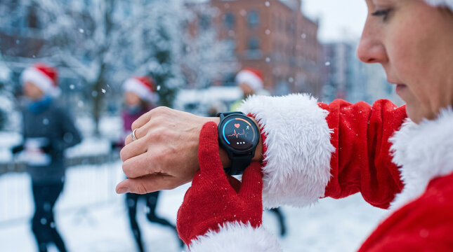 Festive Woman Checking Smartwatch During Winter Race