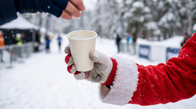 Festive Hand Offering Warm Drink in Snowy Street