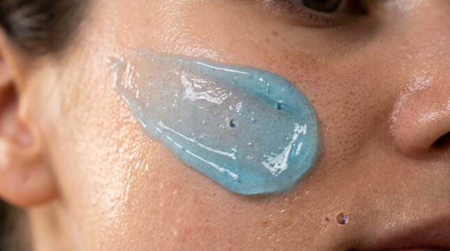 A close-up shot captures a dab of vibrant blue facial scrub being applied to skin, highlighting its texture and cleansing properties.