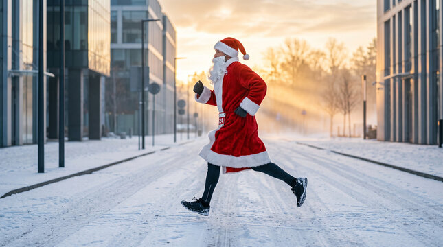 Santa Run, Energetic Runner on Snowy City Street
