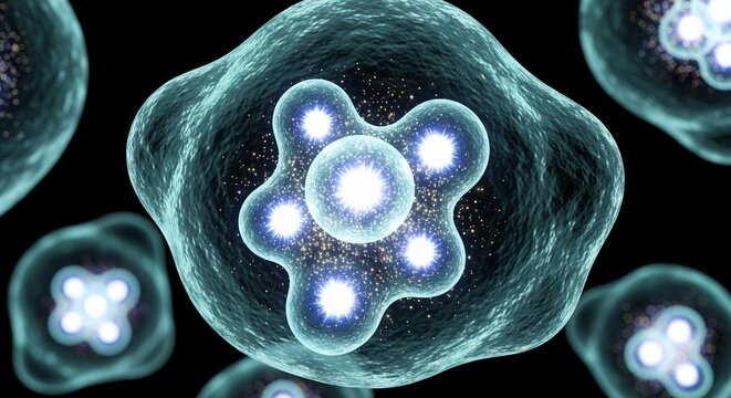 Abstract visualization of luminous cells, amoeba-like structures with bright internal nuclei
