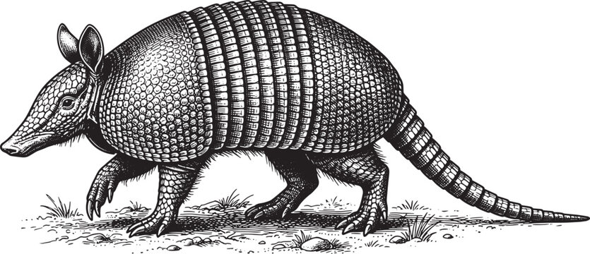 Classic engraved armadillo walking illustration vector graphic with black and white background armadillo wildlife engraving illustration detailed monochrome creature