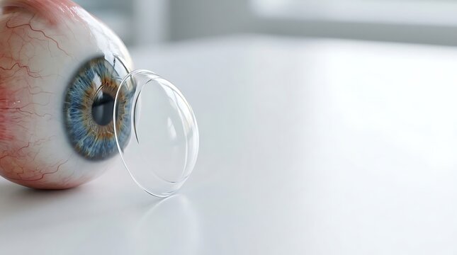 Keratoconus awareness concept with medical eye model and contact lens