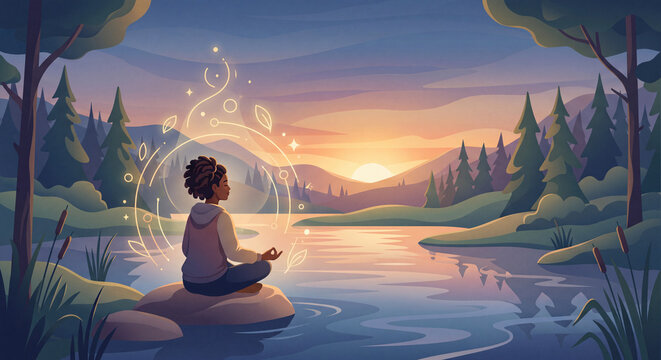 Meditation by the river during sunset in a peaceful natural setting surrounded by trees and mountains
