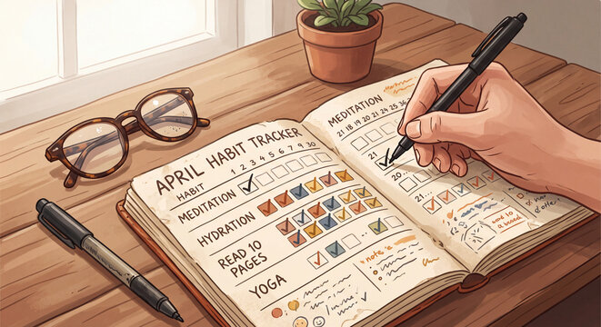 Daily habit tracking for April with a focus on meditation, hydration, reading, and yoga on a wooden table near a window