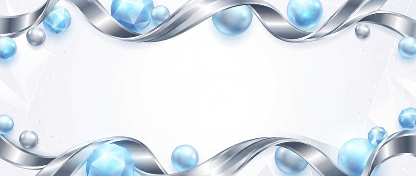 Decorative design with shiny blue elements and silver ribbons on a light background