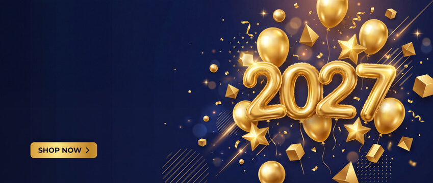 Celebration decorations for the year 2027 featuring golden balloons, stars, and geometric shapes