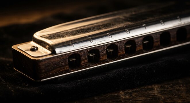 A close-up photograph of a classic harmonica 