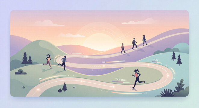 Runners and walkers on a winding path during sunset in a serene hilly landscape