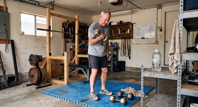 Older man lifts weights in a garage gym during the afternoon to maintain fitness and strength
