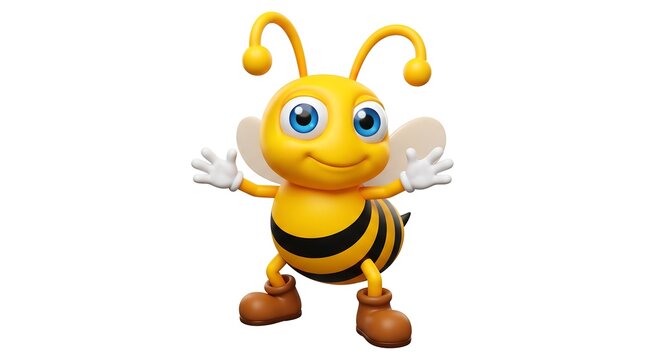 Cute 3D honey bee character, friendly cartoon bumblebee mascot on white background, cheerful yellow insect with blue eyes