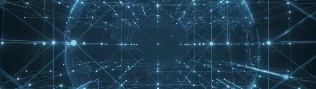 Digital connectivity and network infrastructure concept glowing blue data nodes and lines moving through a virtual cyberspace tunnel, background.