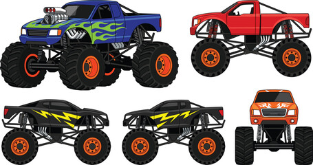 Monster Truck Vector Car Icon Set with Extreme 4x4 Offroad Pickups, Big Tires, Flame Graphics, and Lightning Bolt Motorsport Designs © Abul