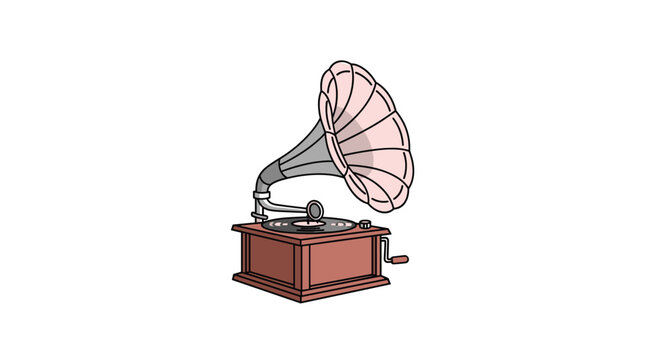 Detailed vector illustration of a vintage antique gramophone with a pink horn and wooden base used for playing old vinyl records in classic style.