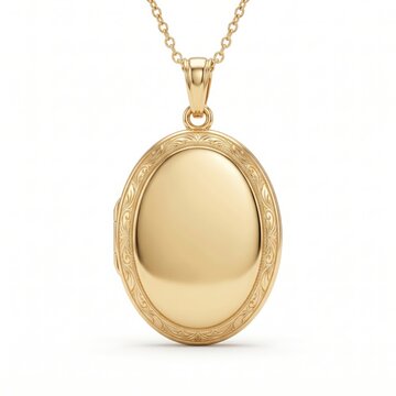 Gold oval locket, elegant and classic, shiny golden with bright studio light, smooth polished surface with engraved border for jewelry advertising.