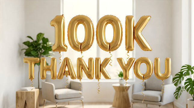 Celebration of one hundred thousand followers with golden balloon letters and thank you