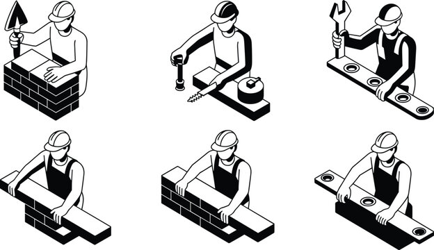 Isometric Black and White Construction Icon Set with Bricklayer Builders Laying Brick Walls Installing Structural Beams and Using Hand Tools Vector Graphics