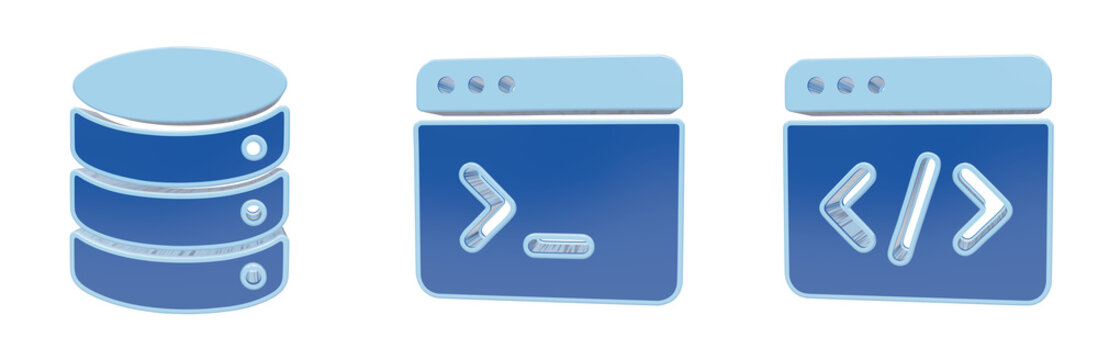 Set of three digital icons representing database storage command line interface and programming software development tools
