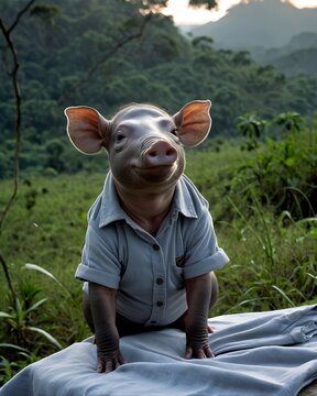 A nickel toned babirusa piglet  pig hybrid fictional species, digitally created animal, in a galactic dawn plateau wearing a shirt.