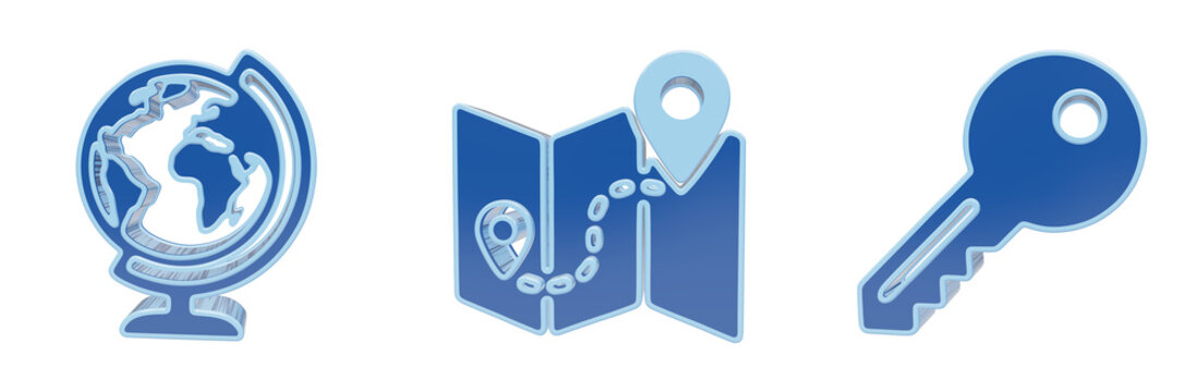 Set of travel and security icons including globe map key and locks for global navigation concepts