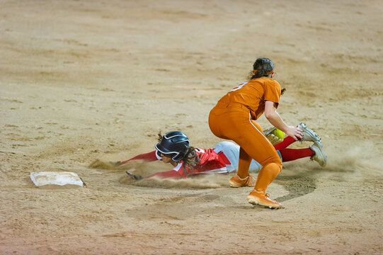 Softball Baseball Player Sliding Female Athlete Sports Action Stealing Second Base Slide