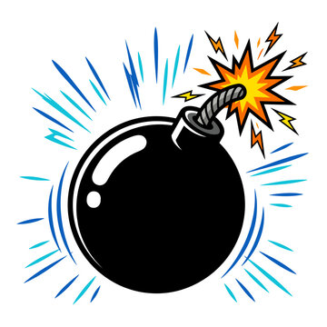 Cartoon bomb with lit fuse and blue energy rays vector illustration for gaming graphics